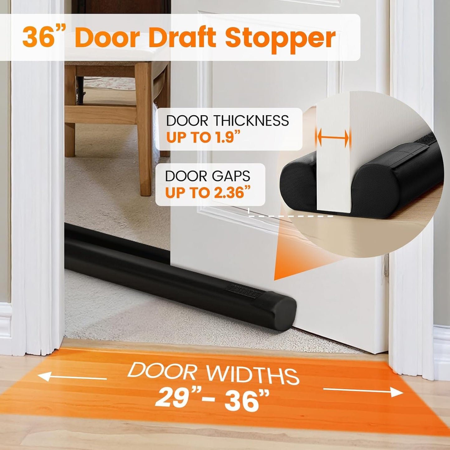 Door Draft Stopper, Under Door Draft Stopper for Bottom, 36 in, Black | Adjustable Size, Covers Gap up to 2.36 in, Easy Install, Blocks Cold air, Light, Reusable, for Bedrooms & Kitchen