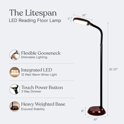 Brightech Litespan - Bright LED Floor Reading Lamp for Over Chair Crafts and Reading, Esthetician Light for Lash Extensions, Gooseneck Adjustable Standing Lamp for Living Room, Bedroom, Office - Black