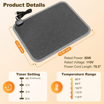 Foot Warmer Under Desk - 15.9x19.9in Heated Floor Mat 110V Adjustable Temperature Electric Heater with Timer for Office Home, Heating Pad for Cold Feet (Brown Wood)