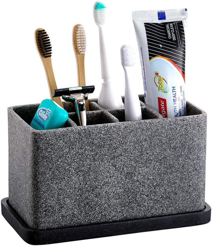 Marble Look Toothbrush Holder for Bathroom Countertop Organizer, Holds Toothpaste, Dental Floss, Razor, Comb, Makeup Brushes, and More, Stylish Bathroom Accessory for Tooth Brushing Essentials