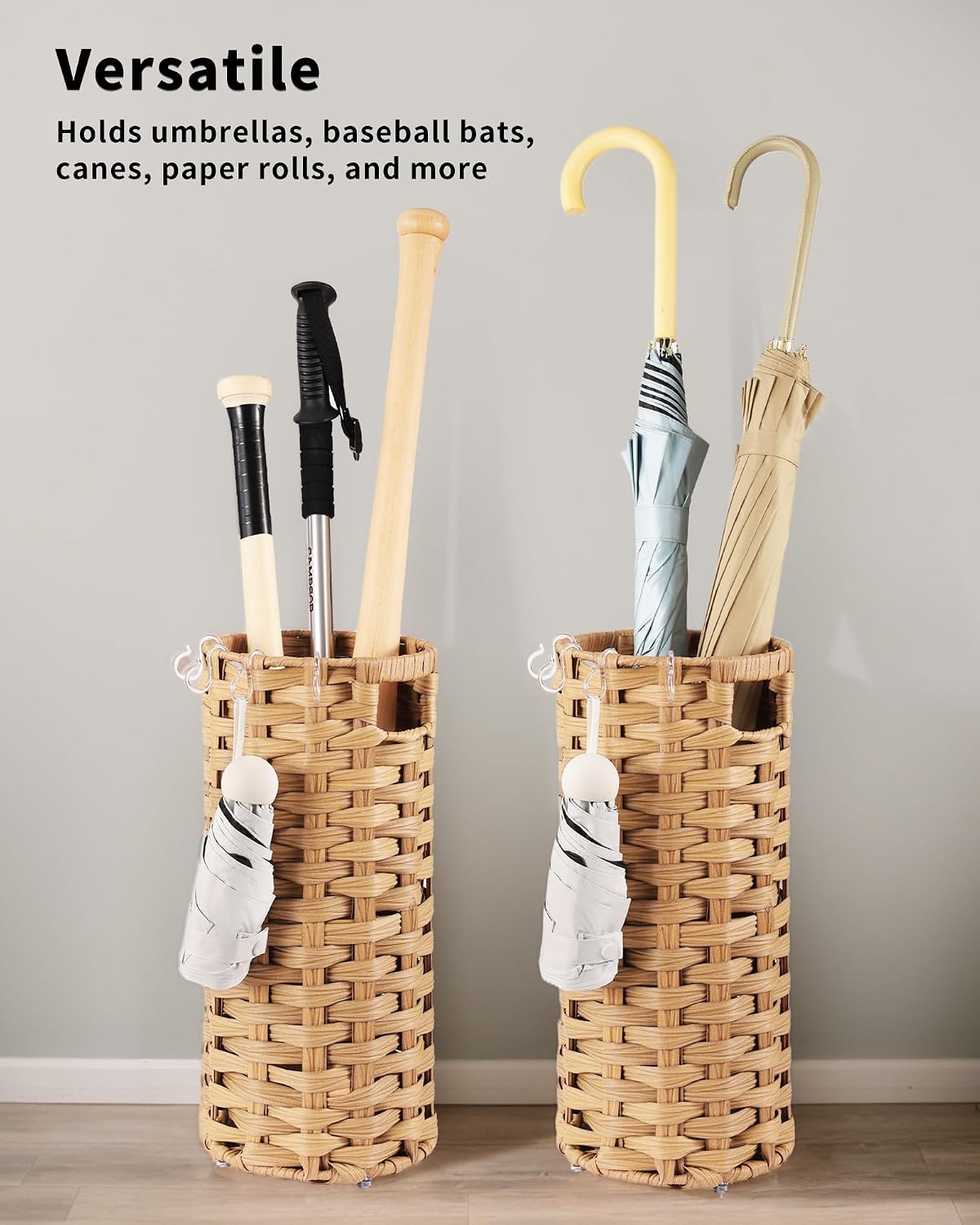 Rattan Umbrella Stand, Umbrella Holder for Entryway, Hand Woven Umbrella Rack Organizer Freestanding, with a Detachable Drip Tray, 4 Hooks, 7.5" L x 7.5" W x 16.5" H
