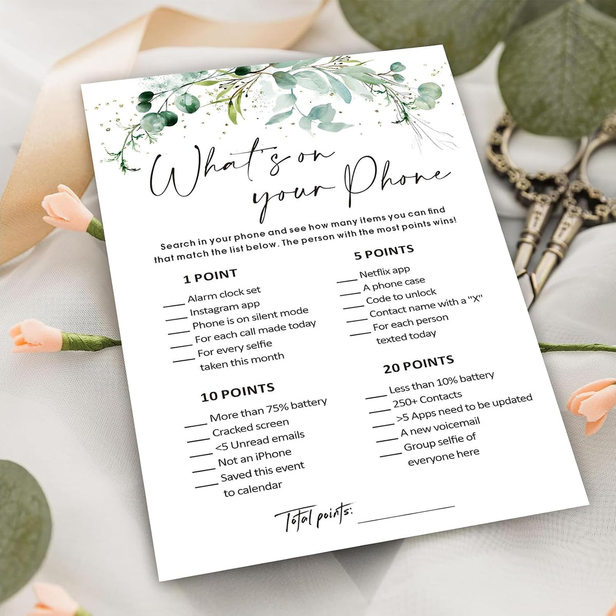 What’s on Your Phone Game Cards Set of 30, 5x7 in Icebreaker Bingo Cards, Greenery Office Team Games, Birthday Party Games for Adults, Back to School - 02