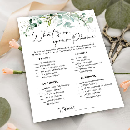 What’s on Your Phone Game Cards Set of 30, 5x7 in Icebreaker Bingo Cards, Greenery Office Team Games, Birthday Party Games for Adults, Back to School - 02