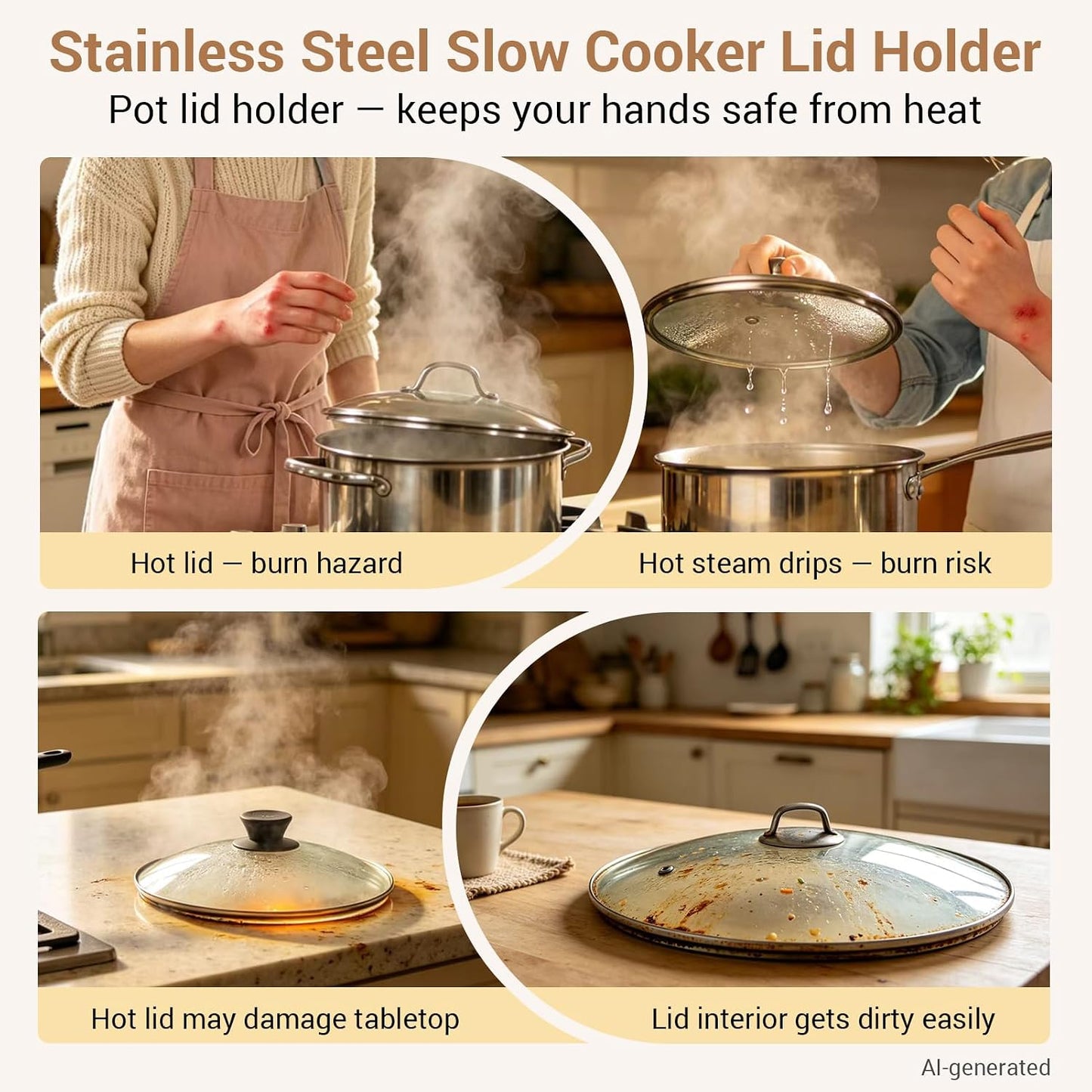 Pot Lid Holder Set with Silicone Lid Lock Strap for Slow Cooker | 2pcs Pot Lid Holders & Lid Latch for Crockpot Slow Cooker(6/7/8 Quart)Heat-Resistant, No-Spill Design Transport Accessories