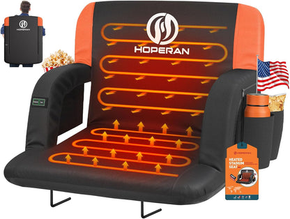 HOPERANHeated Stadium Seats Orange | Independent Seat & Back 3 Level Heat (NO Battery), Soft Cushion, 6 Recliner, Anti-Slip, Side Pockets, Backpack Straps