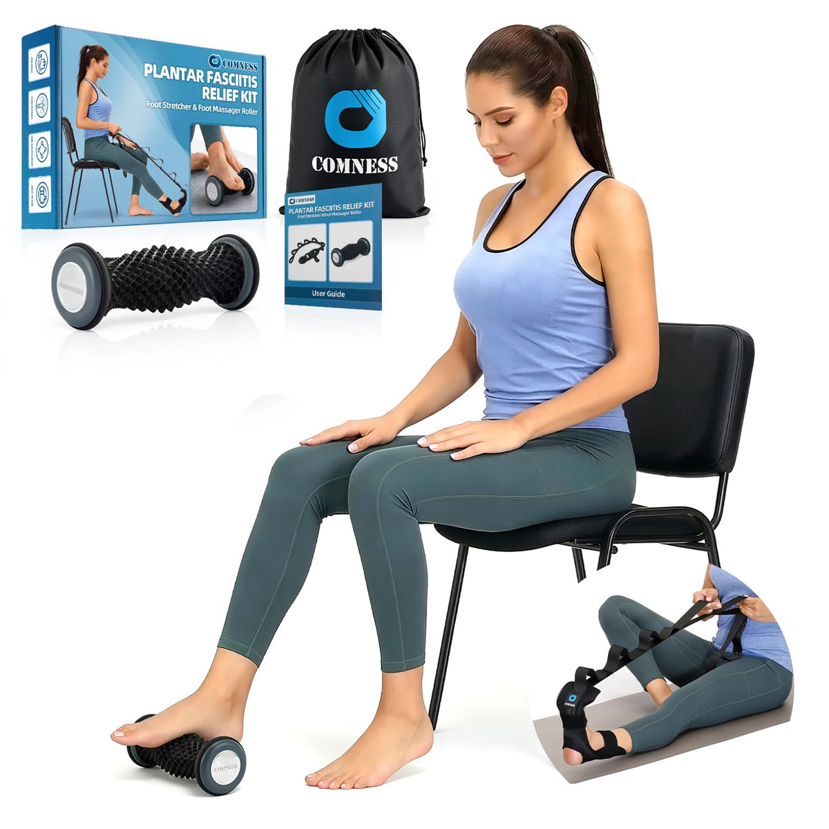 comness Foot and Calf Stretcher-Stretching Strap For Plantar Fasciitis, Heel Spurs, Foot Drop, Achilles Tendonitis & Hamstring. Yoga Foot & Leg Stretch Strap. (Black)