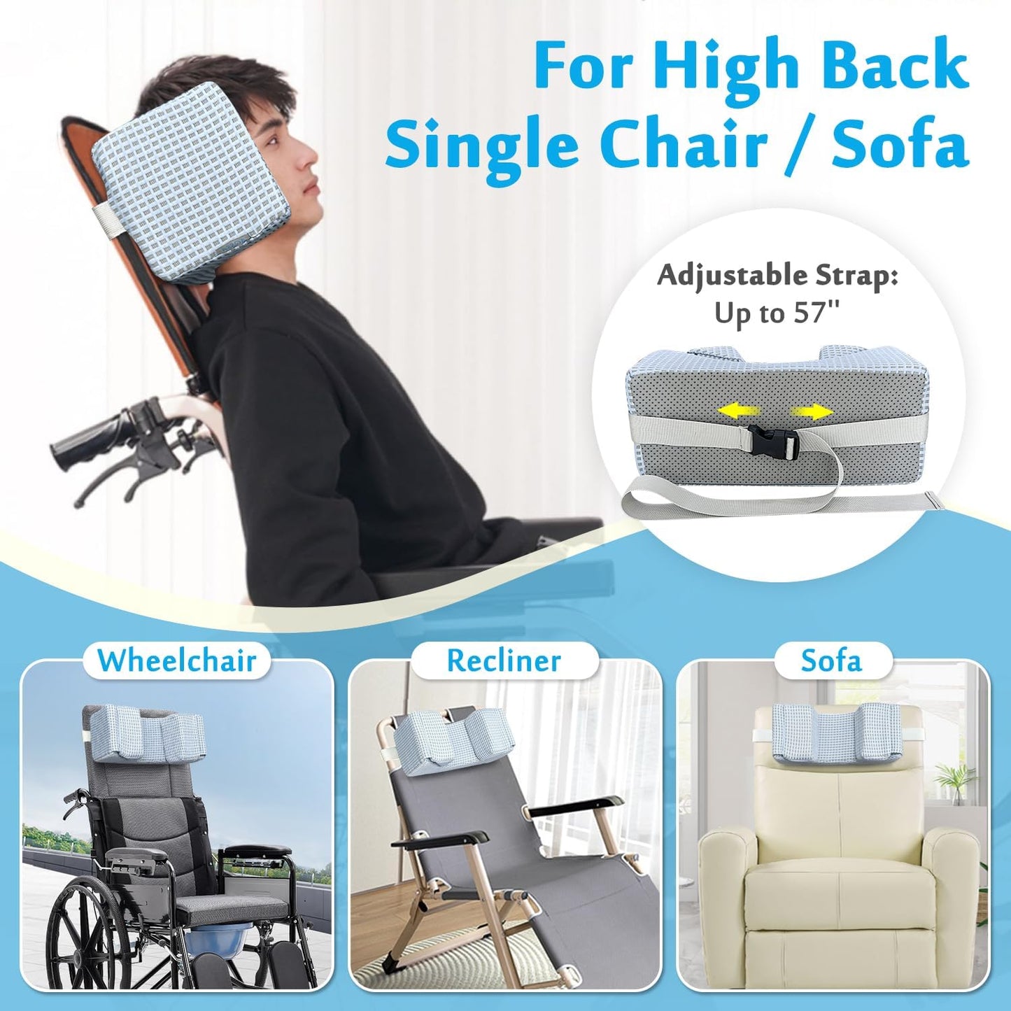 AOSSA Wheelchair Headrest Neck Stabilizer Head Support Pillow for Recliner High Back Wheelchair Head Positioning Wedge Neck Support Positioner Keep Head Straight Medical Foam Wedge