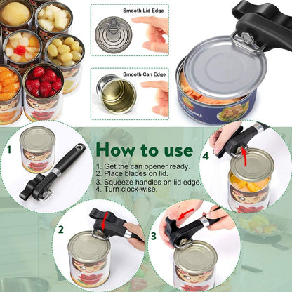 Can Opener Smooth Edge & Bottle Opener, Manual Side Safe Cut Can Opener Smooth Edge with Durable Sharp Blade, Effort-Saving Knob & Comfortable Non-slip Handle, (2-Pack, Black)