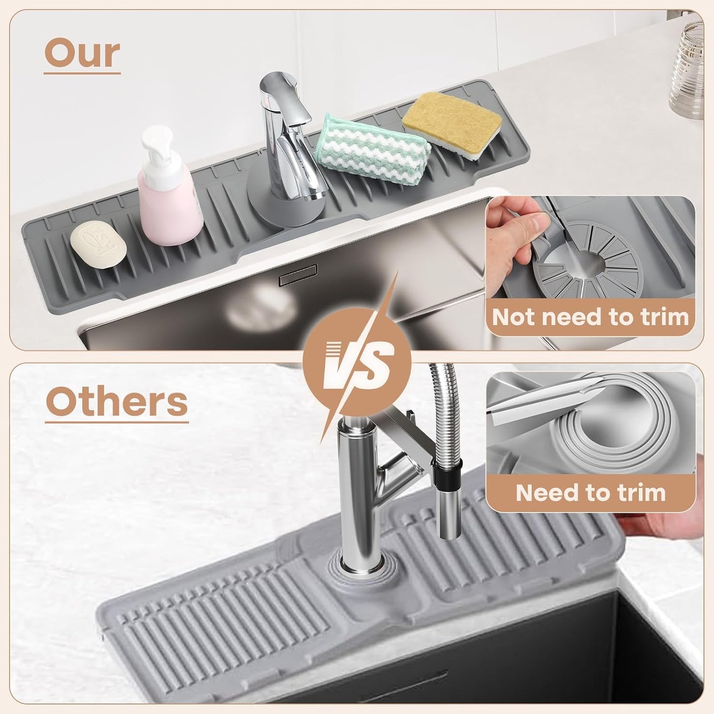 15.75 Inch Kitchen Sink Faucet Mat, Sink Protector&Splash Guard | Silicone, 10°Slope, Fast Self-draining, Snap Lock Fit, for Kitchen and Bathroom Countertop -15.75"x 5.51"