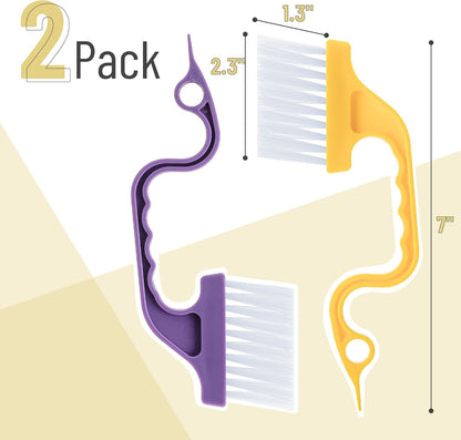 Slick- Window Track Cleaning Brush, 2 Pack, Yellow/Purple Ergonomic Handle, Built-in Scraper, Multipurpose, Window Track Cleaning Tools