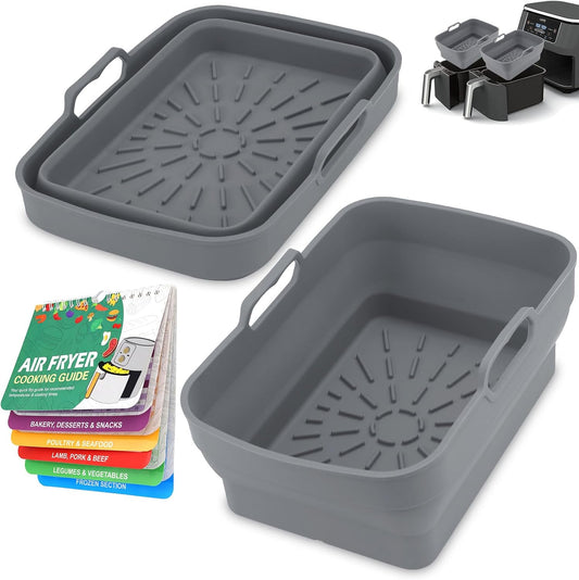 2Pcs Air Fryer Silicone Liners with Magnetic Cheat Sheet, 8-10 QT, Grey