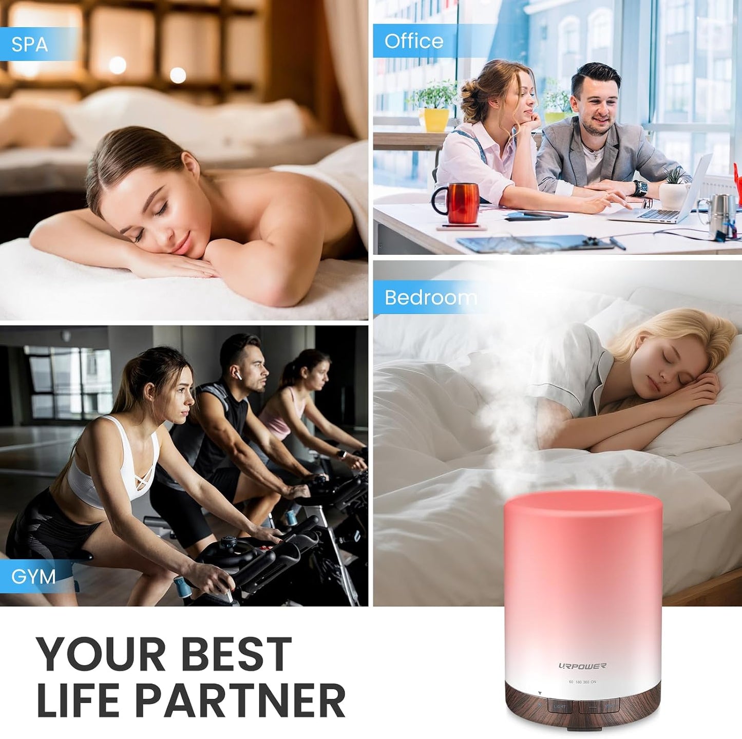 URPOWER 300ml Essential Oil Diffuser: Ultrasonic Aromatherapy Diffuser Quiet Auto Shut-Off, 4 Timer Settings(1H 3H 6H ON) & 7-Color Night Light Humidifier for Yoga Bedroom Living Room Office