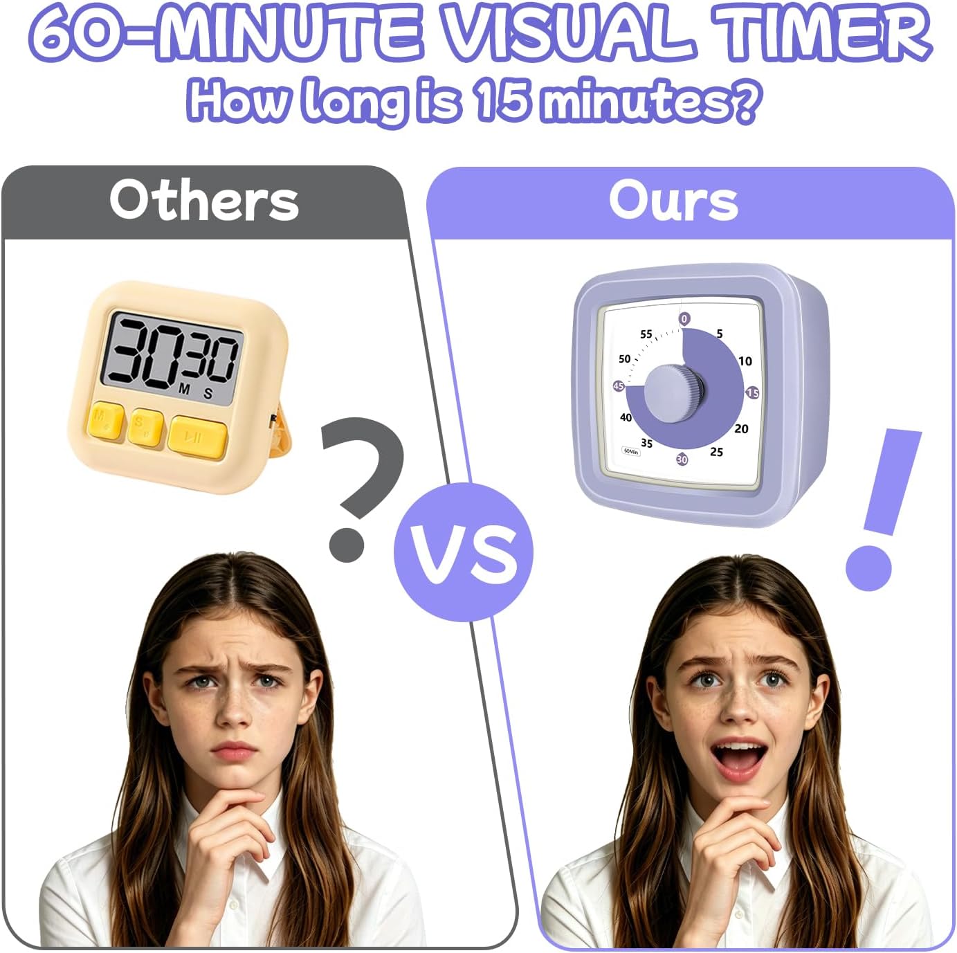 Visual Timer 60 Minute Timer Silent Countdown Clock – No Ticking, Gentle Ring with Mute Option, Timers for Kids Homework Classroom Management Kitchen Pasta, Adult Pomodoro & Deep Work, Purple