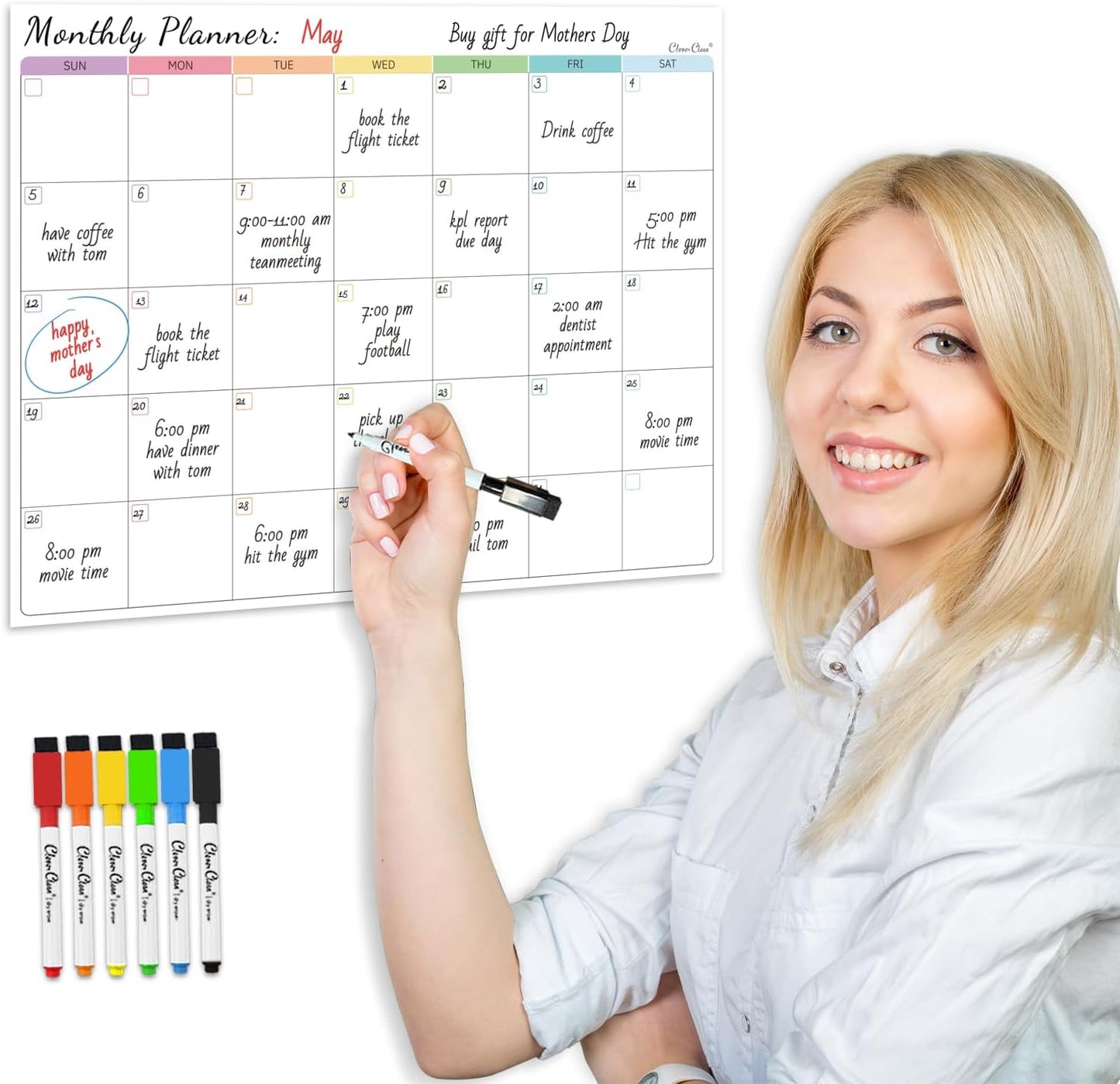 Non-Magnetic Dry Erase Calendar Set for Fridge - Reusable Monthly and Weekly Calendar Sticks to Most Smooth Surfaces - 6 Dry Erase Markers Included - Shipped Flat