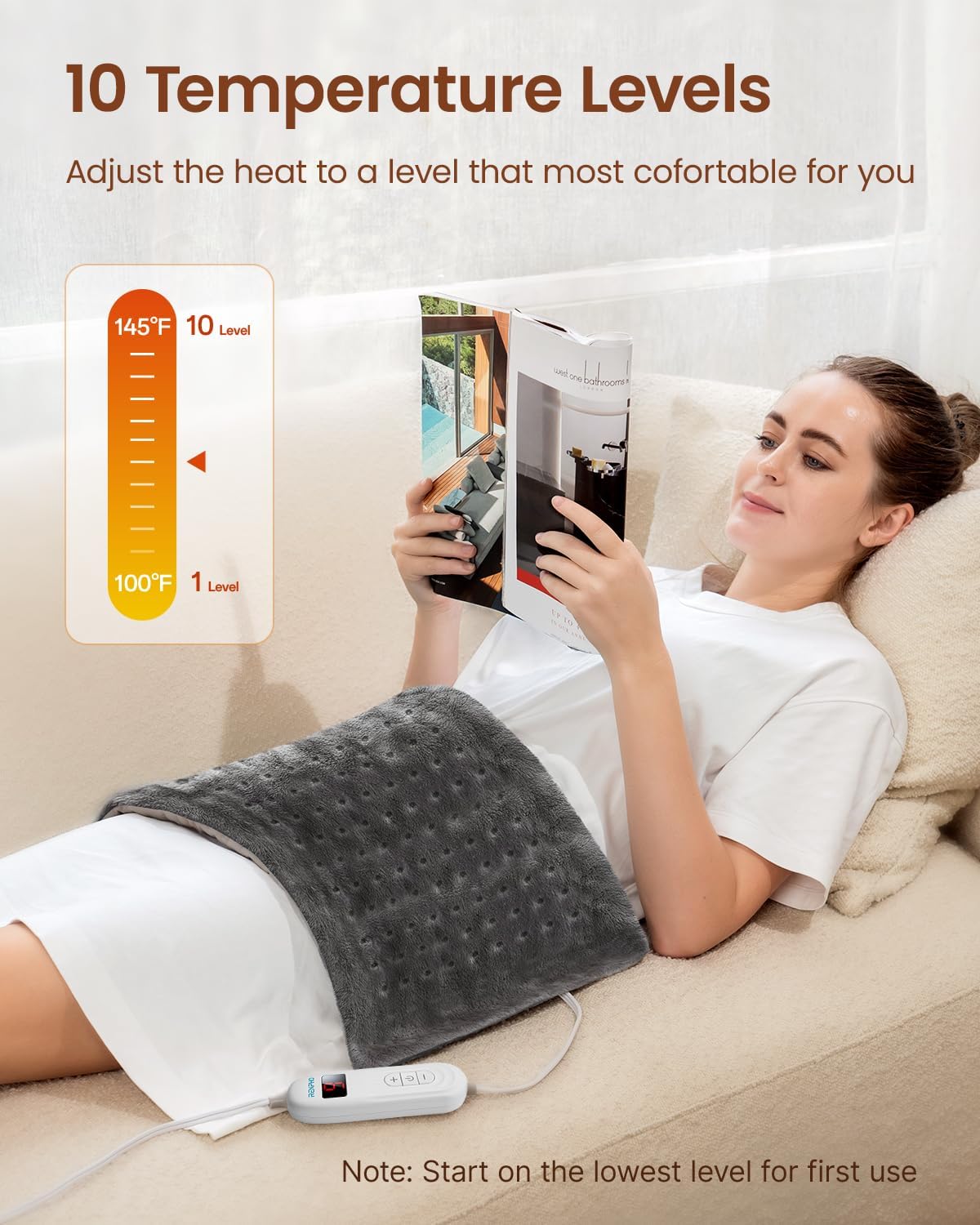 RENPHO Electric Heating Pad for Back with 10 Heat Levels, FSA Eligible HSA | Fit for Neck, Shoulder, Knee, Arm & Leg, Birthday Gift for Women, Men, Mom & Dad, HSA Approved, ETL Certified, 12 x 24", Gray