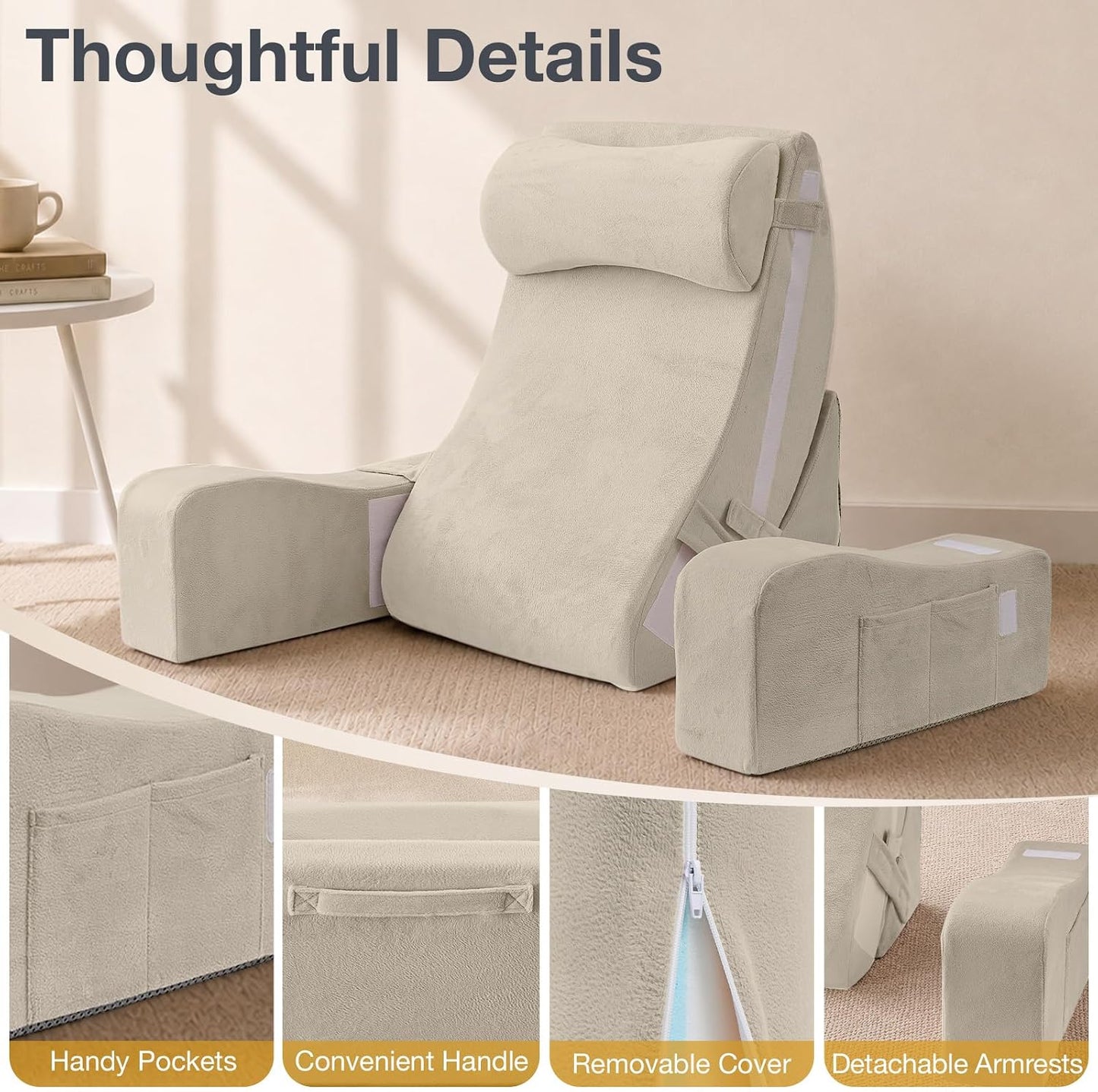 Sasttie 15-25 inch Adjustable Reading Pillow with Armrests, Dark Grey | Back Rest Pillow with Secure Side Straps, Memory Foam Back Support Cushion Bed Chair for Reading, Gaming & Relaxing