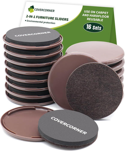 2 in 1 Furniture Sliders, 8 PCS in 3 1/2" or 4", Brown | Furniture Sliders for Hardwood Floors, Furniture Sliders for Carpet, Sliders for Moving Furniture, Furniture Movers Sliders