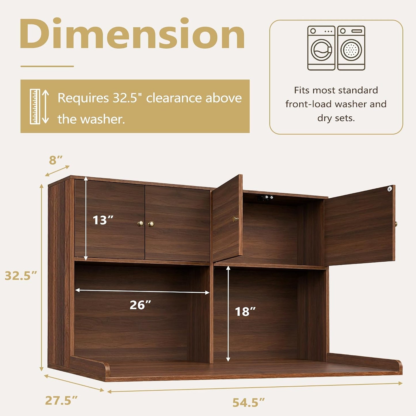 Washer Dryer Countertop with Cabinets, 2-Tier Laundry Countertop with Shelf | Washer and Dryer Topper with Edge, Over Washer and Dryer Shelves for Laundry Room, Universal Fit, 54.5"Wx27.5"Dx32.5"H