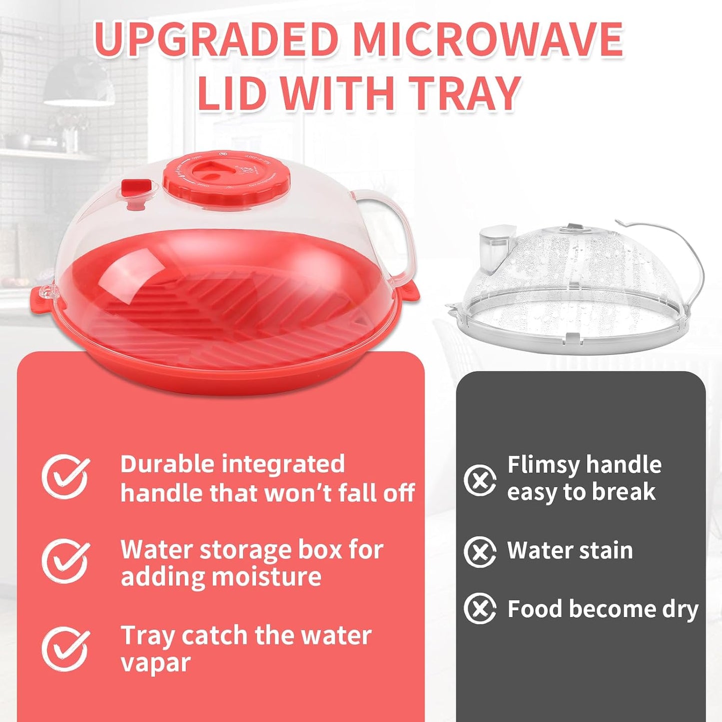 Microwave Splatter Cover Lid for Food 10.2 Inch with Water Steamer, Clear Microwave Splash Guard Cooker Lid with Plate, Dish Bowl Plate Serving Cover Cookware High Transparent Plastic Black
