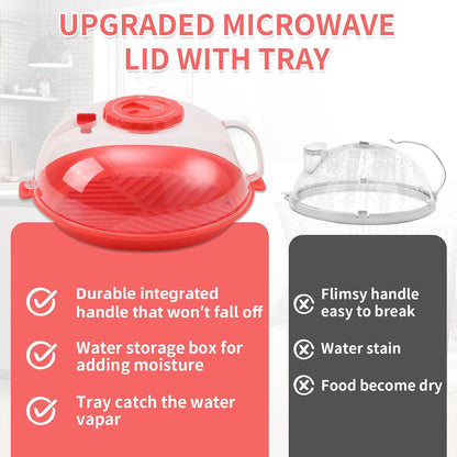 Microwave Splatter Cover Lid for Food 10.2 Inch with Water Steamer, Clear Microwave Splash Guard Cooker Lid with Plate, Dish Bowl Plate Serving Cover Cookware High Transparent Plastic Black
