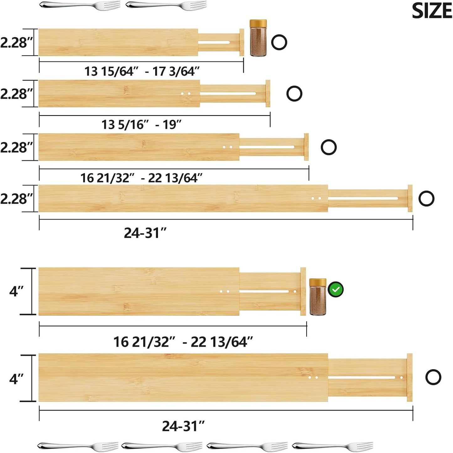 BAMEOS Bamboo Expandable Drawer Dividers – Fits 16.6"–22" Drawers, 2" High, Set of 4 | Spring-Loaded Bamboo Separator for Kitchen Island, Bathroom Vanity & Dresser Drawers