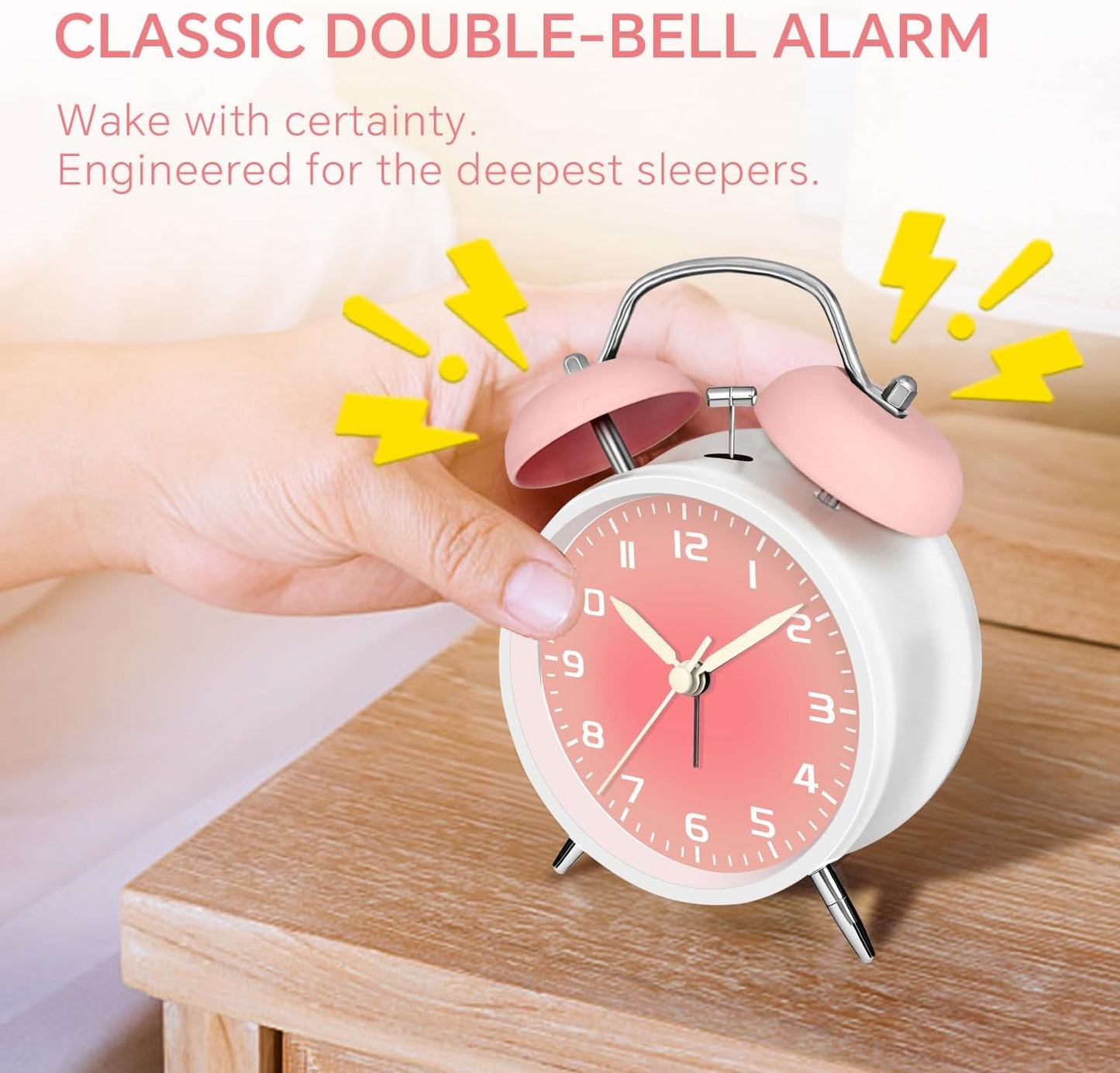 4.5" Analog Alarm Clock for Heavy Sleepers, Loud Battery Operated Alarm Clocks with Light, Metal Silent Desk Clock for Bedrooms, Retro Bedside Clocks for Kids Girls Women Mother Seniors, Pink