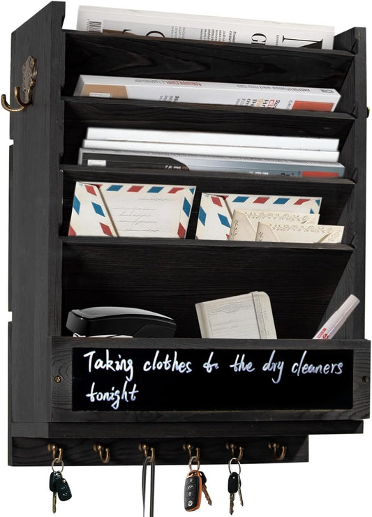 Rustic wall mail organizer,Key and Mail File Holder for Wall Mount | 6 Key Hooks 2 Double Key Hooks A blackboard,for Home,Office, Classroom,Entryway Decor (brown)