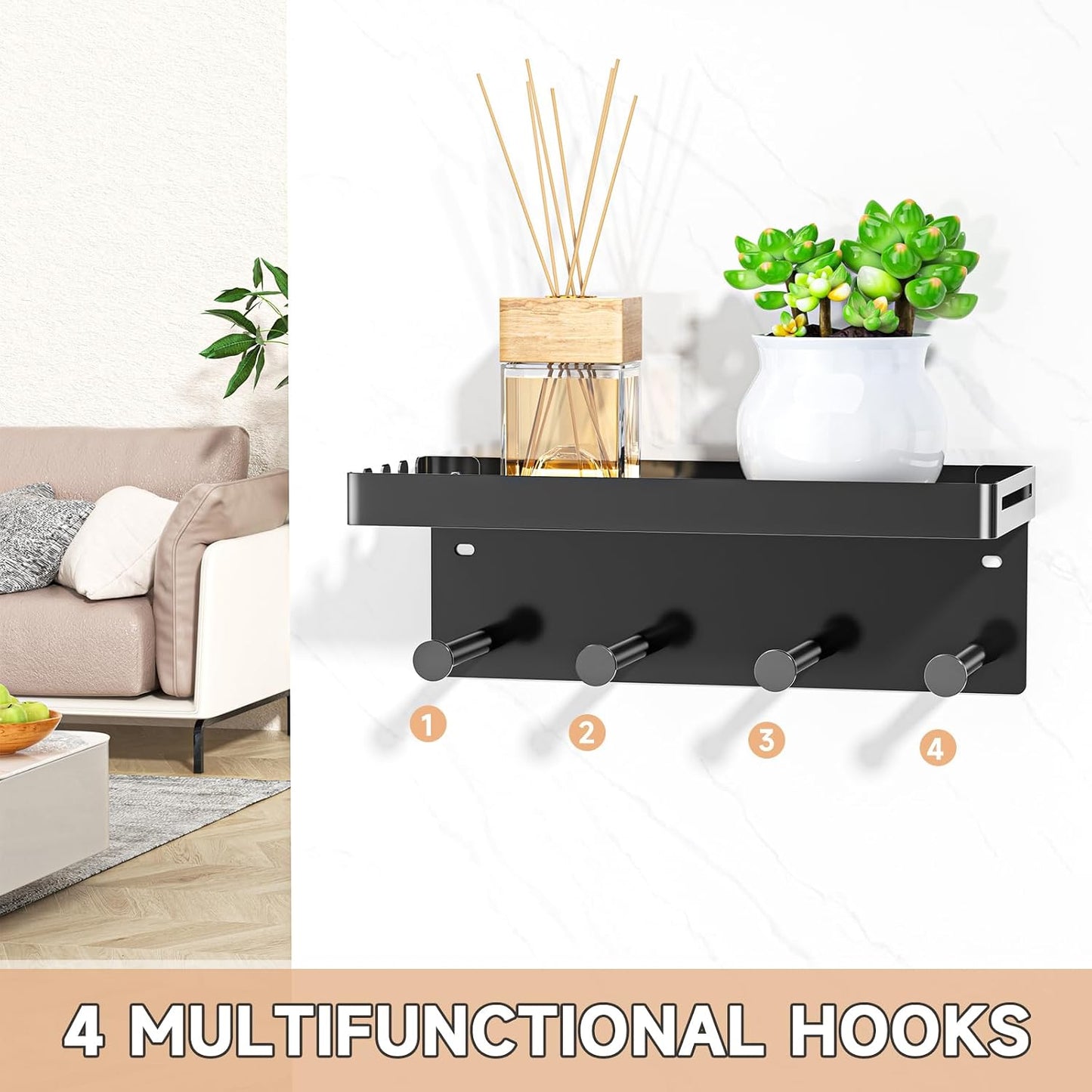Dog Leash Holder for Wall, Key Holder Wall Mount, Metal Dog Leash Hooks, Pet Stuff Storage Shelf for Leash Hanger, Entryway Organizer Key Rack for Pet Collar, Treats, Toys, Mail (Black)