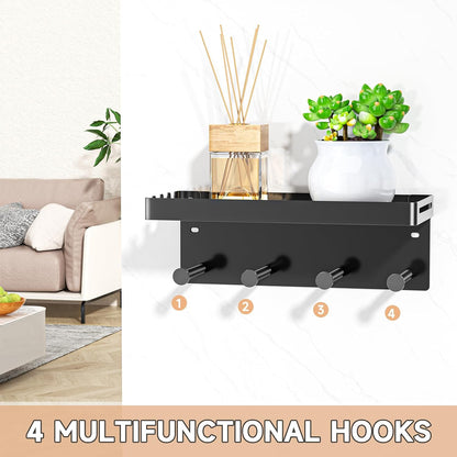 Dog Leash Holder for Wall, Key Holder Wall Mount, Metal Dog Leash Hooks, Pet Stuff Storage Shelf for Leash Hanger, Entryway Organizer Key Rack for Pet Collar, Treats, Toys, Mail (Black)