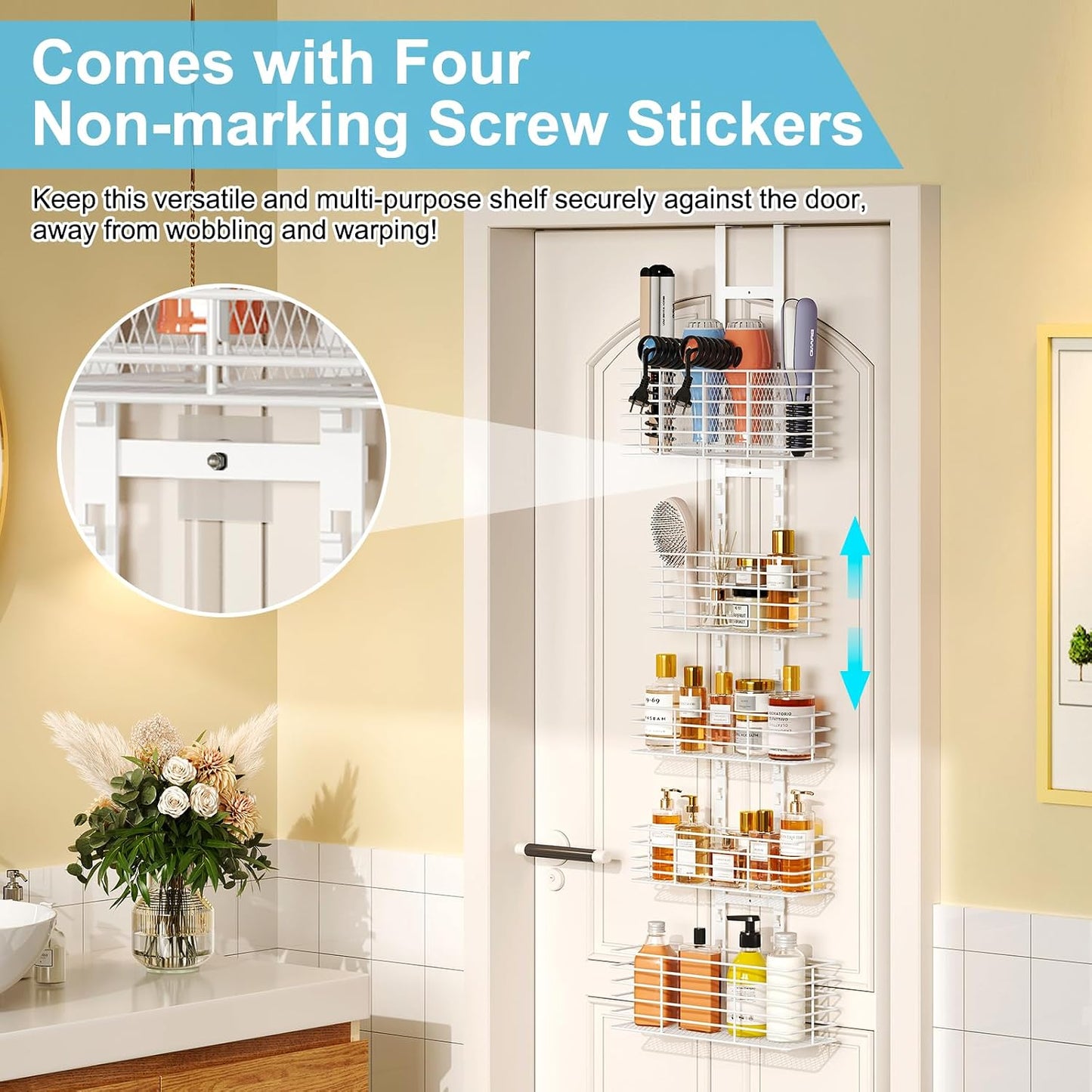 Yuyetuyo 7-Tier Over The Door Organizer, Shower Caddy Hanging &Wall Mounted Hair Tool Organizer/Hair Dryer Holder Adjustable, Behind Door Storage for Bathroom Bedroom Closet Cabinet Pantry Kitchen