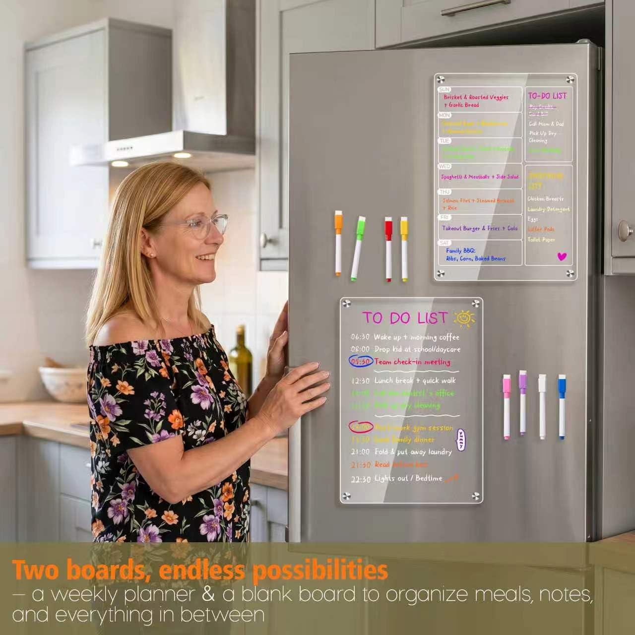2 Pack Acrylic Magnetic Meal Planner for Fridge, Weekly Planner&Menu Board | With 8 Markers & 1 Towel, Magnetic Weekly Calendar For Fridge, To Do, Grocery & Chore Chart, Organization For Kitchen, White
