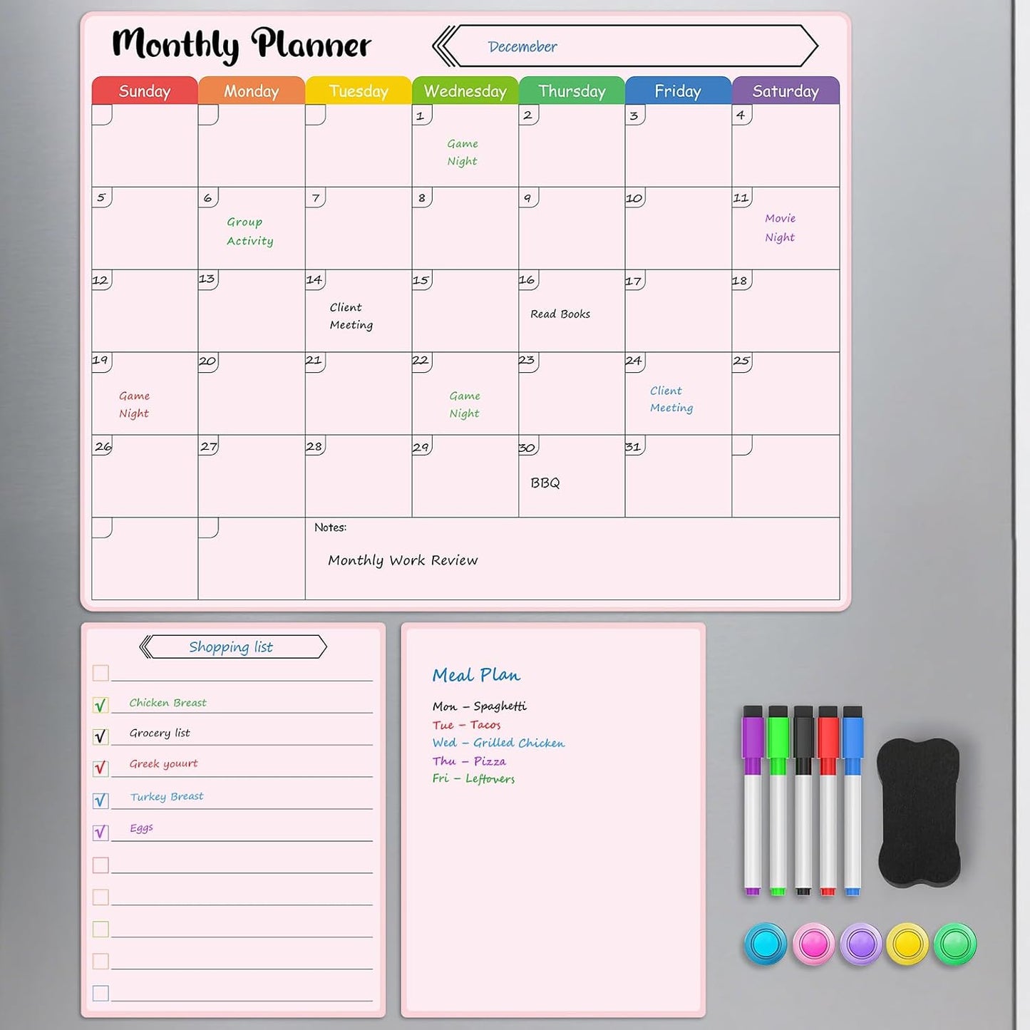 MaxGear 4 Pack Magnetic Dry Erase Board Calendar for Fridge, 15" x 11.5" | Strong Magnetic, Easy to Write and Clean, Dry Erase and No Stains, Includes List, Small Board, 5 Markers,5 Magnets,1 Eraser