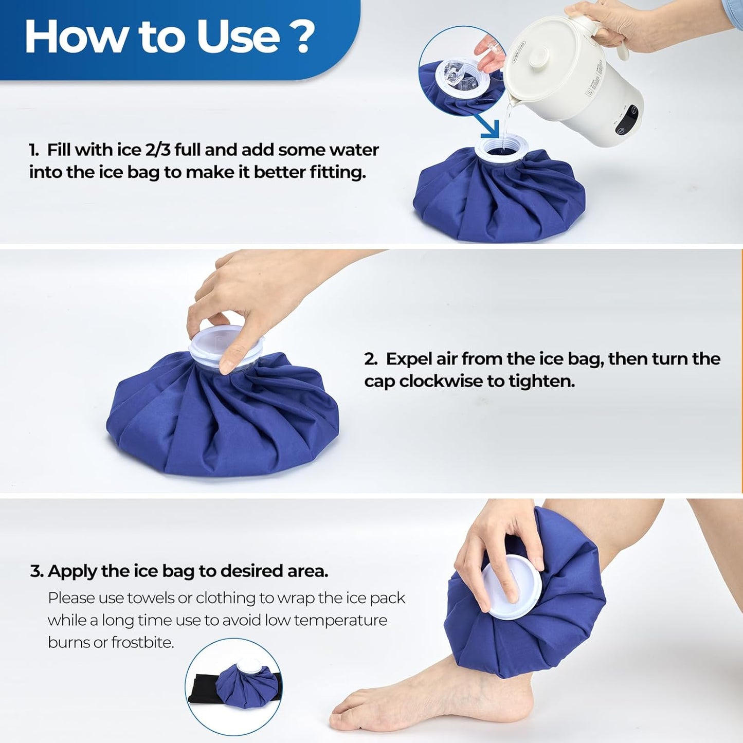Ice Bags for Injuries Reusable: Ohuhu 3 Packs Ice Cold Packs with 2 Wrap Ice Bag Hot Water Hot & Cold Therapy Pain Relief for Knee Leg Injury No-Leak Waterproof Ice Bags 3 Sizes 6"/9"/11", Light Blue