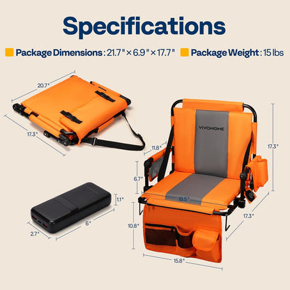 VIVOHOME 35W Padded Heating Stadium Seats with 20000mAh Power Bank, 2 Pack Heated Bleacher Chairs with Back Support, 3 Levels of Heat, Comfortable for Various Sports Events