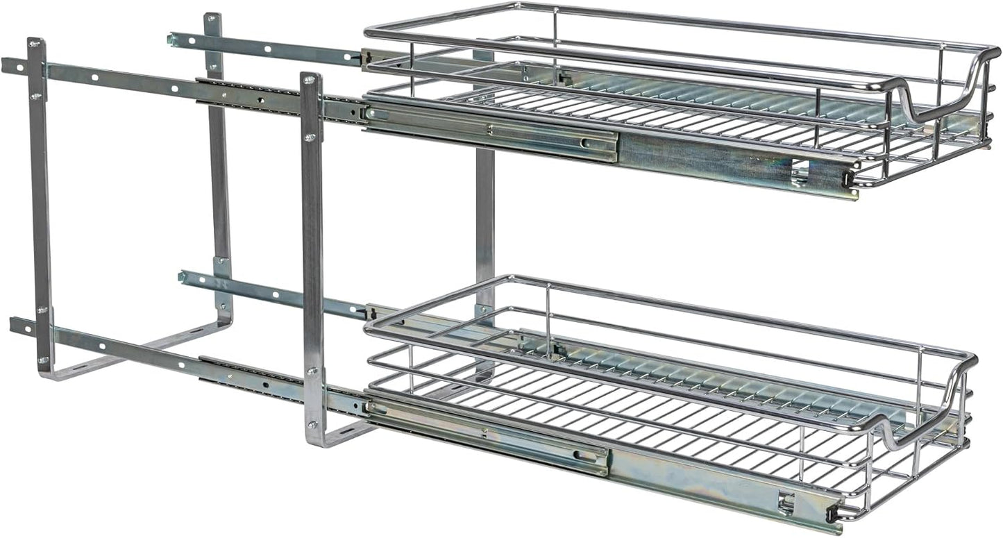 Household Essentials Glidez Multipurpose Chrome-Plated Steel Pull-Out/Slide-Out Storage Organizer for Cookware and Bakeware - 2-Tier Design - Fits Standard Size Cabinet or Shelf, Chrome
