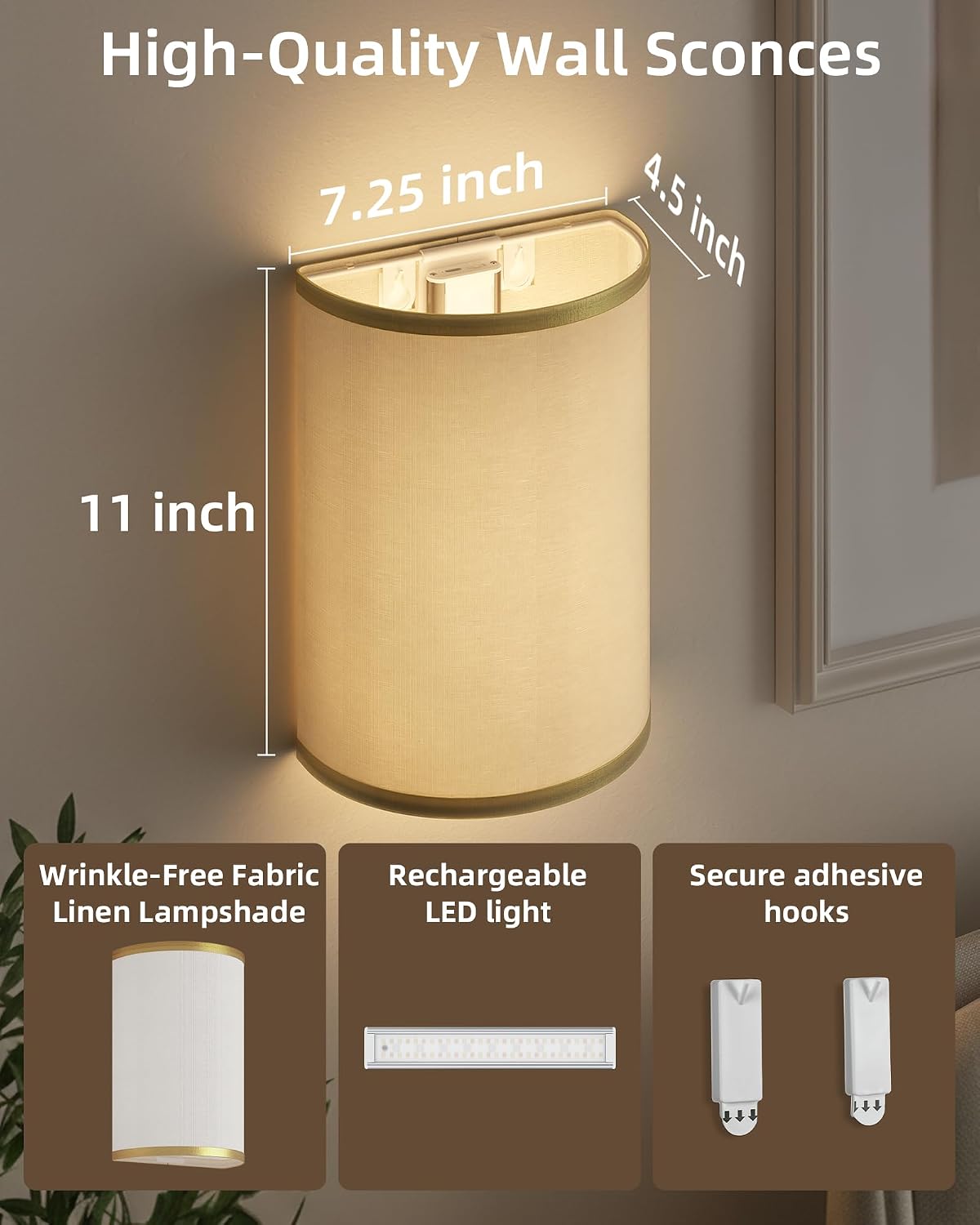 EZVALO Battery Operated Wall Sconce, Rechargeable Wall Sconces Set of Two with Remote, Peel and Stick Wireless Wall Lights, 3 Color & 80 RGB, Dimmable, Timer, Fabric Linen Wall Mount Lamp for Bedroom