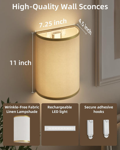 EZVALO Battery Operated Wall Sconce, Rechargeable Wall Sconces Set of Two with Remote, Peel and Stick Wireless Wall Lights, 3 Color & 80 RGB, Dimmable, Timer, Fabric Linen Wall Mount Lamp for Bedroom