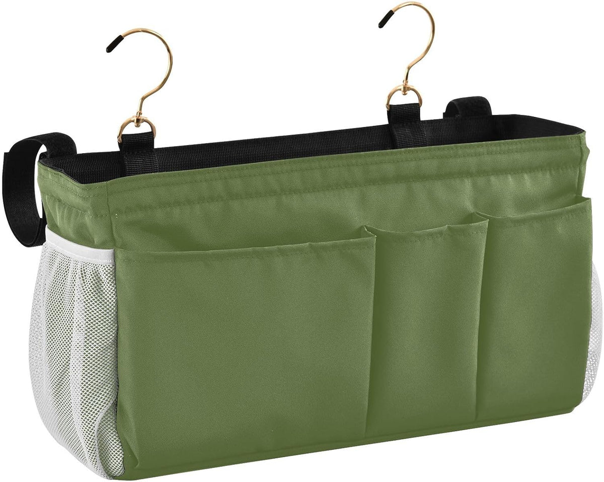 YETTASBIN Olive Green Bedside Caddy Hanging Storage Organizer Bag with 2 Straps & Hooks for Bunk Beds, College Dorm, Hospital Bed - Holder for Books, Phone, Magazine, Glasses, Keys