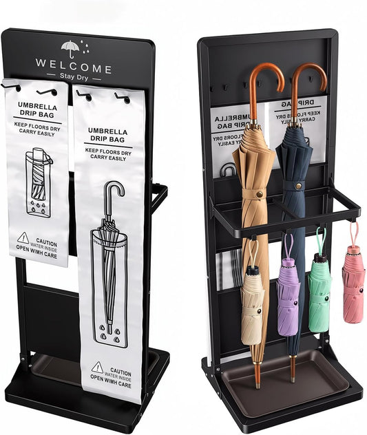 Wet Umbrella Stand with Bag Holder, Entryway Organizer with Drip Tray