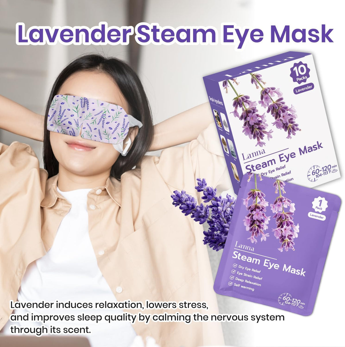 LANNA Heated Steam Eye Mask, Disposable 120 Minutes, Lavender Scent, 5 Pcs