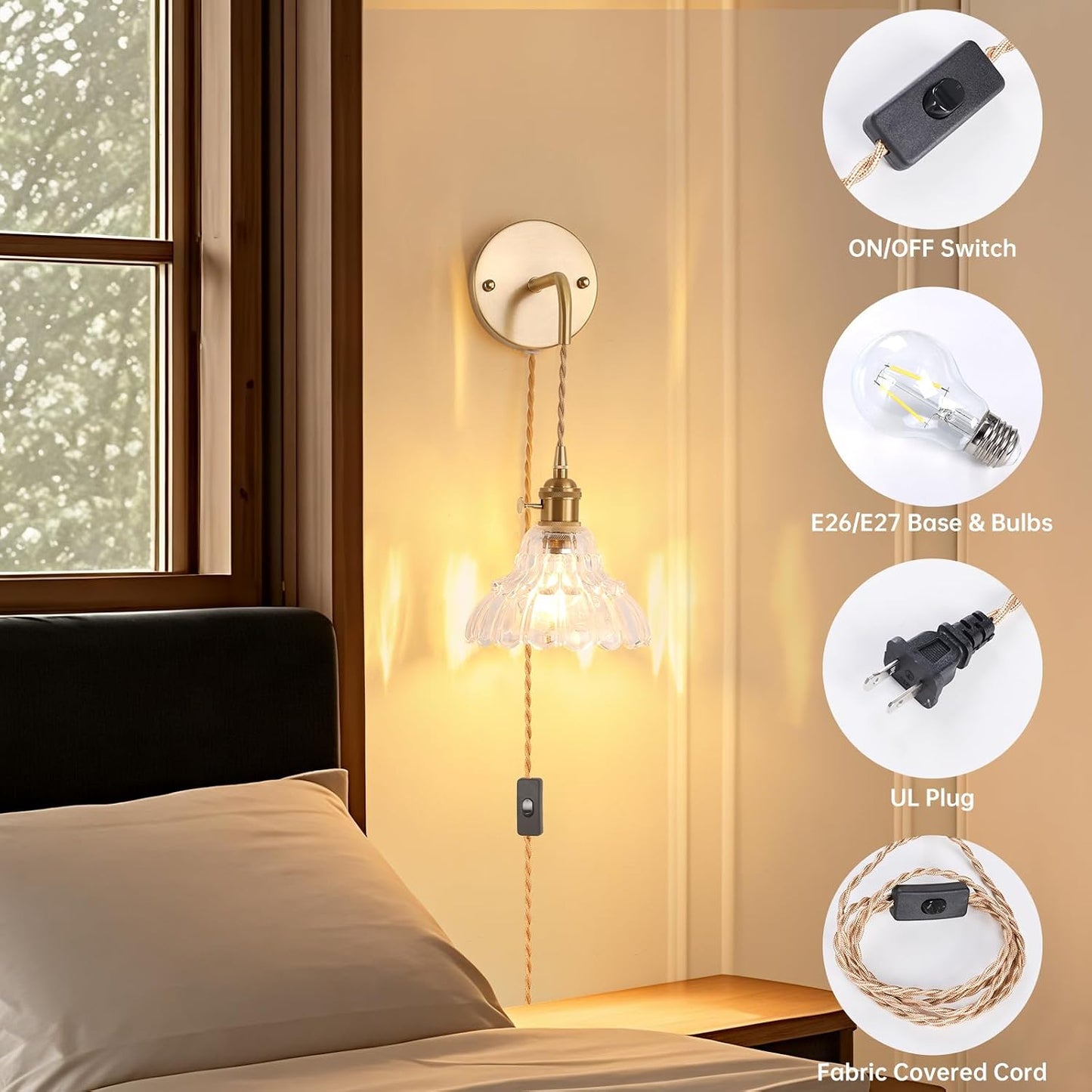 Shenmoyl Battery Operated Wall Sconce Wall Lamp with Green Lily of the Valley Shade Pattern Glass Adjustable Chain Retro Gold Wall Mounted Light, Modern Wall Lamp Fixtures Decor for Bedside Bedroom