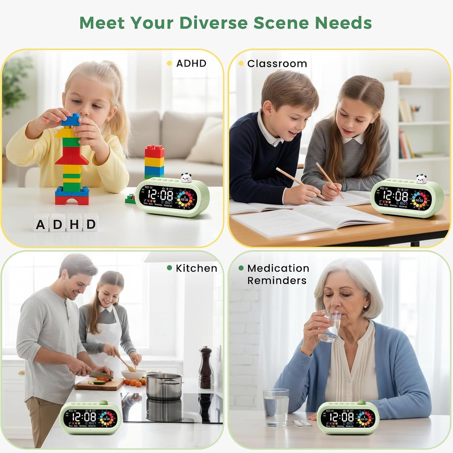 Mooking 3 in 1 Digital Alarm Clock for Bedroom with Visual Timer for Kids | Rechargeable Clock with Multiple Alarms, 199-Minute Timers Silent Non Ticking, Time Management Tools for Home School Study