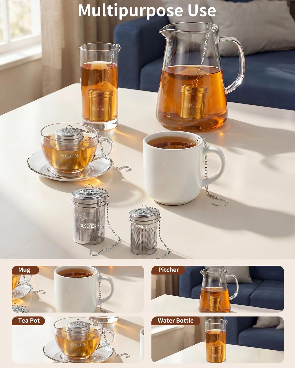 House Again Tea Infusers, Extra Fine Mesh Tea Strainers for Loose Tea, Updated Slim Threaded Lid & 304 Stainless Steel, Filter Bags Diffusers, Loose Leaf Tea Steeper for Brew Tea Spices & Seasonings