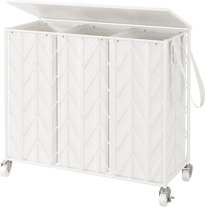 WOWLIVE Laundry Hamper 3 Section with Lid, 142L Laundry Basket with Wheels | Rolling Dirty Clothes Hamper with Removable Bags, Large Iron-Made Laundry Basket Organizer Laundry Sorter for Dorm, Beige