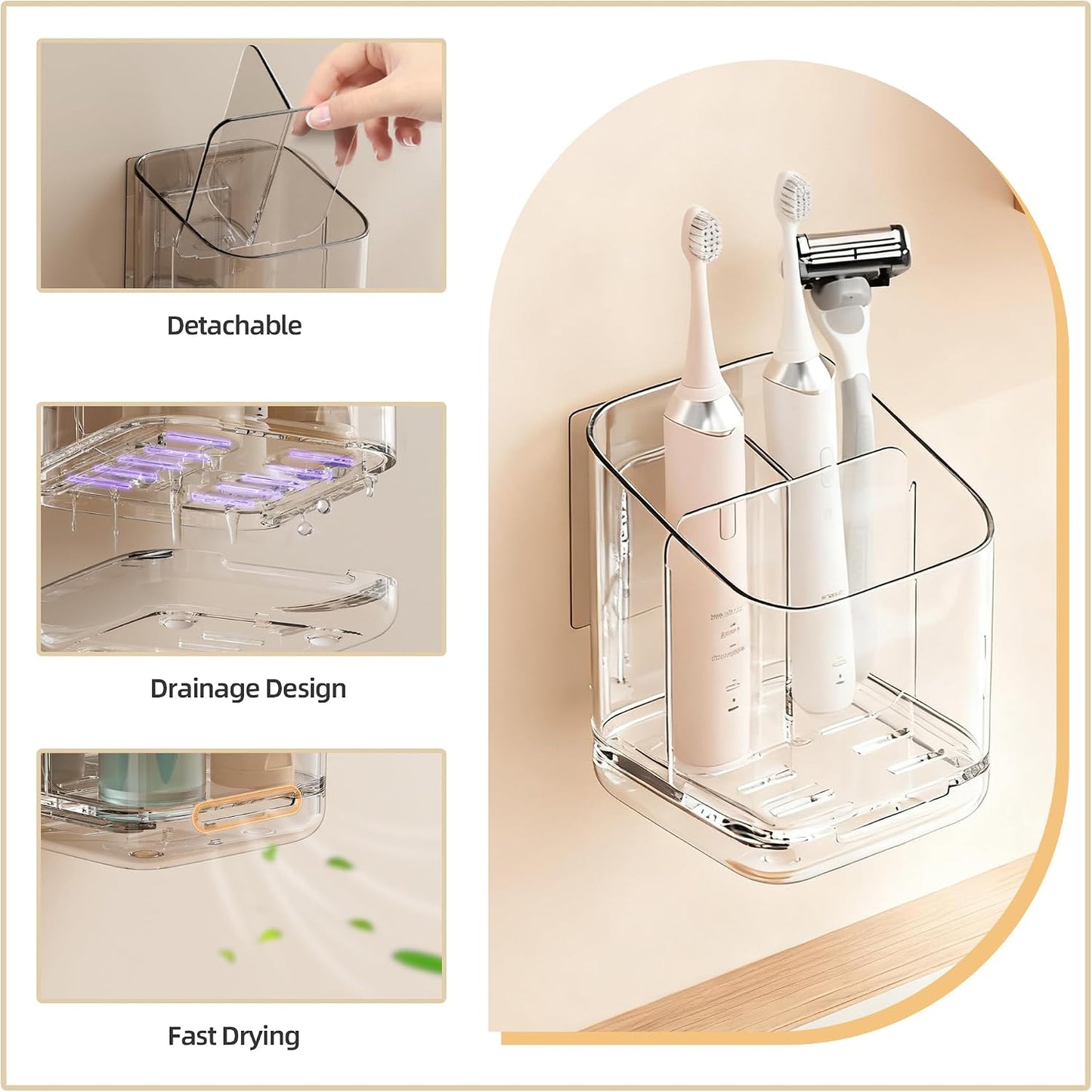 Toothbrush Holder Wall Mounted,Detachable Toothbrush and Toothpaste Holder | with Divider for Bathroom, Anti-Slip Electric Tooth Brush Holder Set with Drainage, Bathroom Accessory - Clear