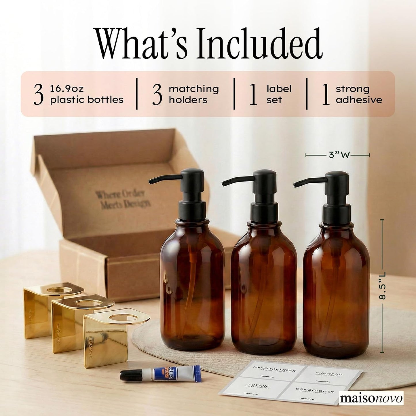 MaisoNovo Shampoo and Conditioner Dispenser|Refillable Black Set of 3 | 500 ml Shower Gel Dispenser Set of 3. Refillable Shampoo and Conditioner Bottles. Drill Free Secure Design. Black