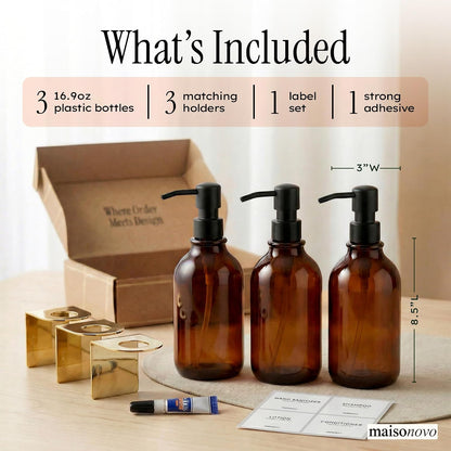 MaisoNovo Shampoo and Conditioner Dispenser|Refillable Black Set of 3 | 500 ml Shower Gel Dispenser Set of 3. Refillable Shampoo and Conditioner Bottles. Drill Free Secure Design. Black