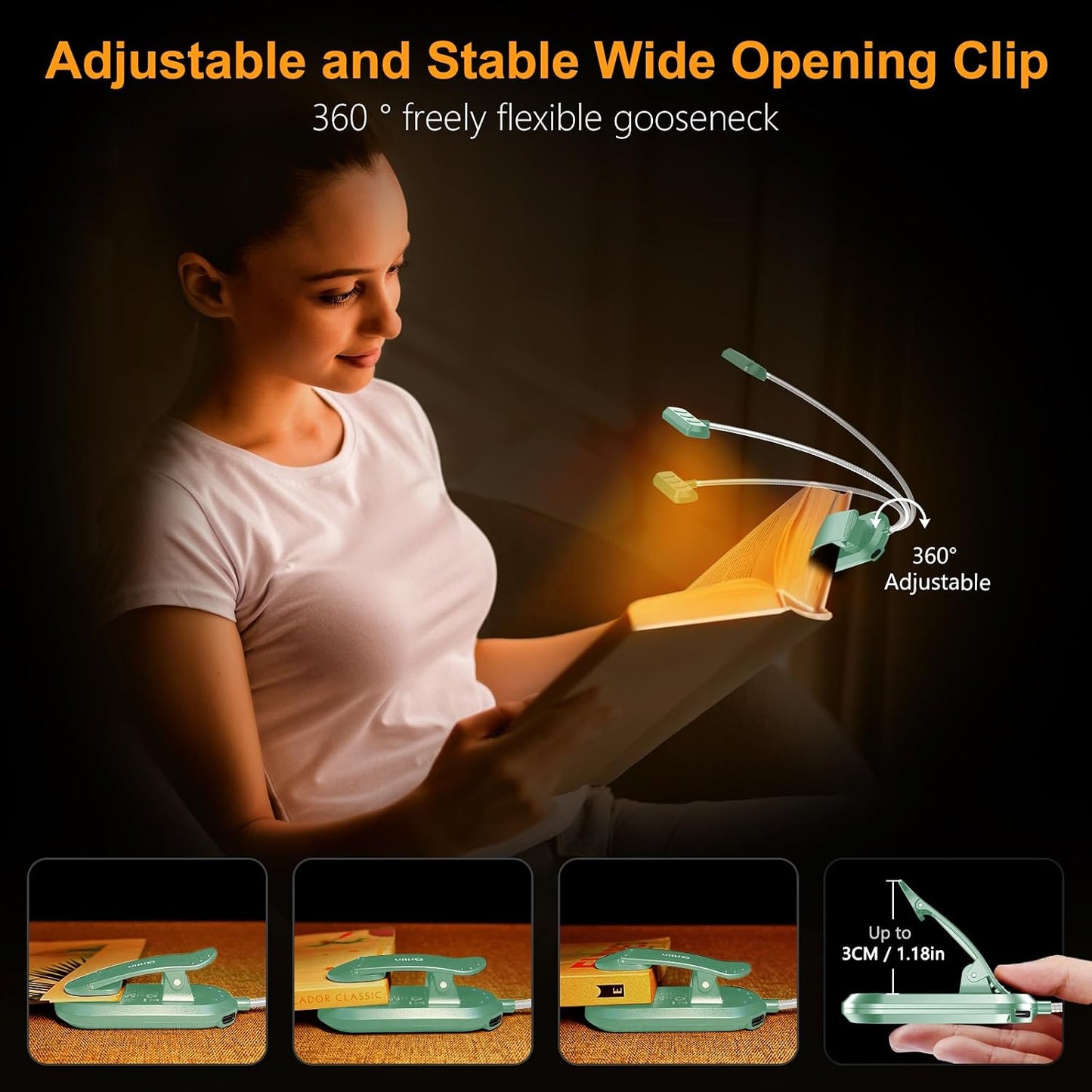 Gritin Rechargeable Book Light for Reading in Bed with 19 LED | Eye Caring 3 Color Temps,5 Brightness Levels,Memory Function,90 Hrs Runtime Flexible Goose Neck Clip on Light for Book Lovers