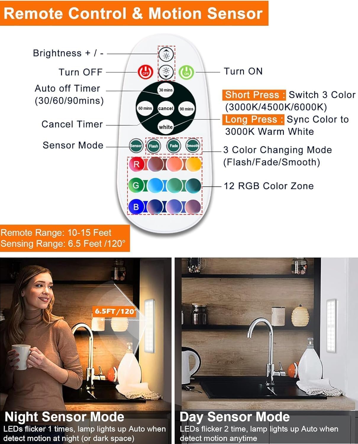 Diomart Motion Sensor Under Cabinet Lighting, RGB Rechargeable, 4 Pack | 58 LEDs,15 RGB colors. Remote & motion sensor dual control. Dimming, Auto-off timer