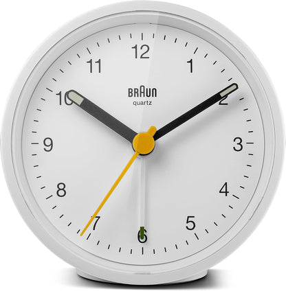 Braun Classic Analogue Alarm Clock with Snooze and Light, Quiet Quartz Movement, Crescendo Beep Alarm in White, Model BC12W.